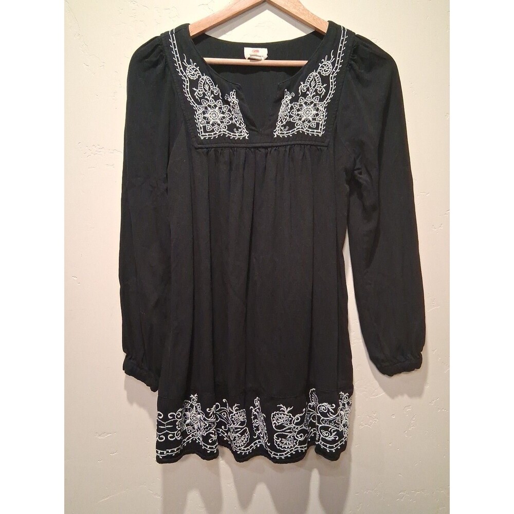 Boho Embroidered‎ Peasant Tunic Top Dress Black White Floral Folk Festival Gypsy